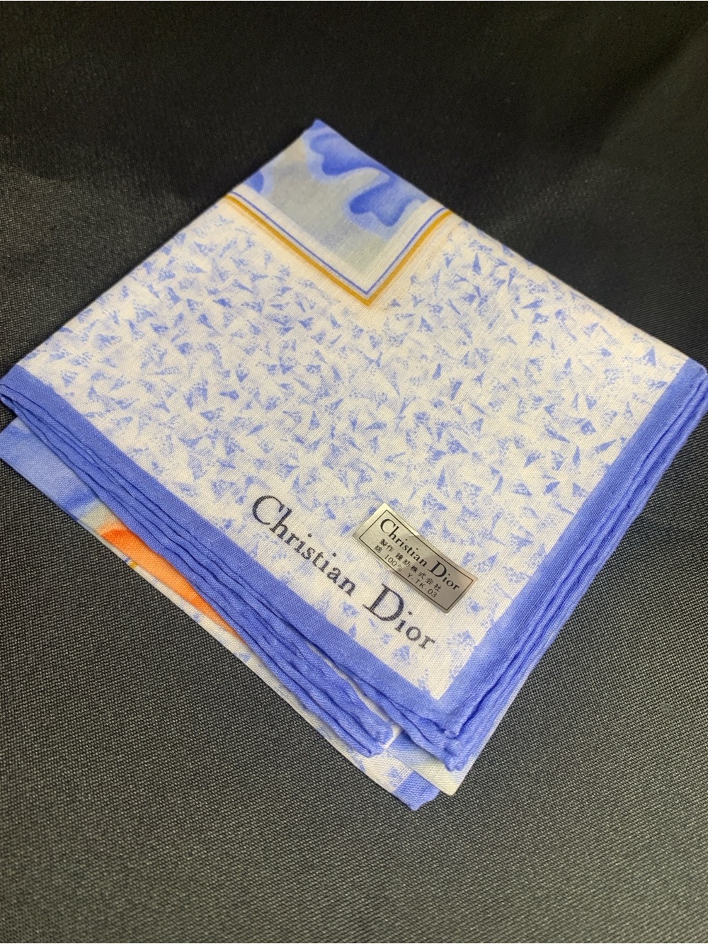 Dior Light Blue, White & Orange Scenic Motif Mini Scarf